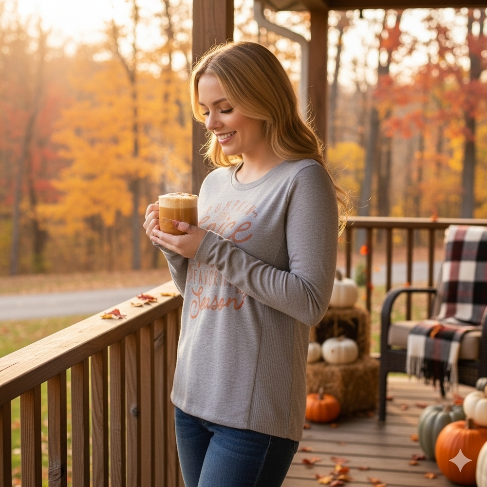 Gray Fitted Long Sleeve Fall Tee- Pumpkin Spice Is My Favorite Season